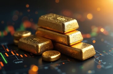 Poster - gold ingots placed atop advanced technological financial graph radiating connectivity. golden bullio