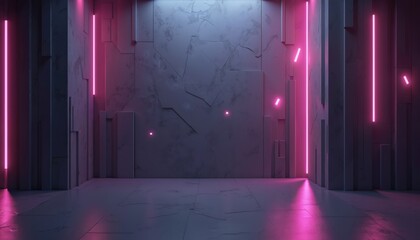 Poster - Modern tech background illustration. Pink neon illuminated abstract geometric shapes on the wall in dark room. Interior showroom for product presentation. Cyber space architecture with nobody.