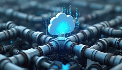 Poster - Illustration of cloud computing connected to pipe network. Concept of industry 4. 0, automation system, cyberspace, digital infrastructure and data pipeline, machine learning processes.