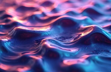 Poster - Shiny purple, blue liquid textured waves. Chrome plastic, dynamic flow. Vibrant, colorful, creative backdrop. Modern, futuristic design, metal surface. Abstract flowing illustration for web design.