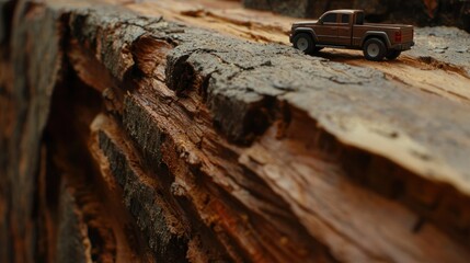 Miniature truck on a textured wooden log, showcasing nature's details in an outdoor setting