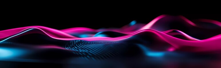 Poster - 3D render of neon pink and blue sound waves on a black background
