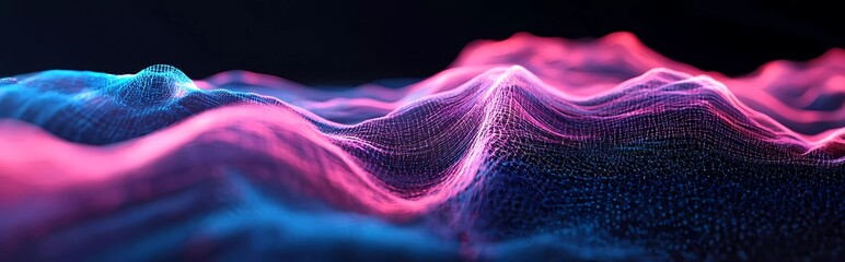 Poster - 3D render of neon pink and blue sound waves on a black background