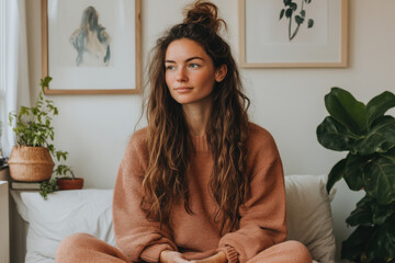 Wall Mural - A woman with long brown hair is sitting on a couch in a room with a potted plant