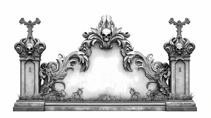 Wall Mural - graveyard tombstone decoration on solid white background, single object. ritualistic symmetry. illus
