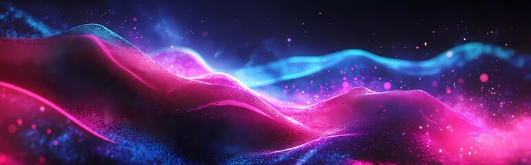 Poster - Neon, glowing wave lines with pink and blue colors on a black background. Vector design for a music cover banner or poster background.