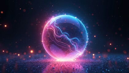 Poster - abstract luminescent sphere pulsating with vivid neon energy. magical glowing particles and waves. h