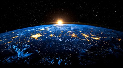Wall Mural - Earth seen from space with city lights. Sunrise. Stock photo