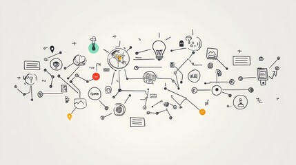 Doodle network connecting business and technology concepts on white background