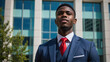 © Generative Stock - Male Blue Suit Red Tie Outside Office Building