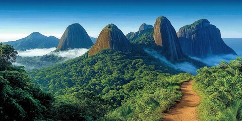 Wall Mural - Stunning Emerald Green Mountain Peaks with Mist and Lush Forest Trail View - Scenic Landscape Photography Nature Travel Inspiration Remote Tranquil Wilderness