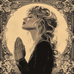 Praying Woman Vintage Woodcut Illustration with Floral Border in Black and White Religious Art Style