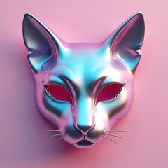 Poster - Futuristic holographic cat mask abstract graphic design. Chrome masquerade mask in style holographic liquid on pink background. Glossy pastel iridescent illusion, fantasy costume.
