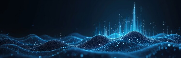 Poster - Dark blue big data visualization background illustration. Wavy technology data structure in cyberspace. Futuristic database system, information streams and digital data transfer with glowing nodes.