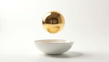 Poster - shiny gold chrome ball levitates above white ceramic bowl isolated on light background. reflective s