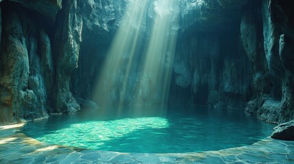 Canvas Print - Stunning Scenic Natural Water Cave with Sunlit Blue Pool and Limestone Formations Captures Tranquil Beauty Perfect for Adventure and Relaxation Seekers