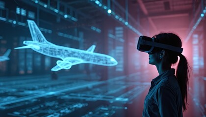 Poster - Young woman in VR headset views digital aircraft model. Futuristic tech simulation, hologram, aviation engineering visualisation. Modern three-dimensional interactive aerospace design with cutting