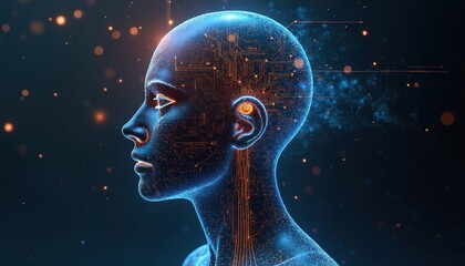 Poster - Illustration of digital human head with circuit patterns, symbolizes tech evolution, AI. Blue and orange color scheme showcases machine learning, neural networks, modern computer tech.