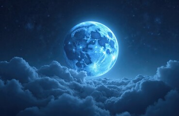 illustration of blue moon in dark night sky with nebula and stars. lunar surface and craters details