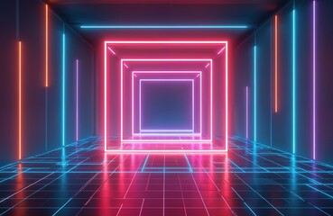Poster - Abstract neon light geometric background. Glowing neon lines create empty futuristic stage laser. Colorful rectangular laser lines form square tunnel in night club room.