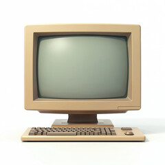 Fototapete - Retro computer screen and keyboard. Vintage desktop PC monitor. Old beige tech device. Nostalgic technology from 90s era, crt monitor on white background.
