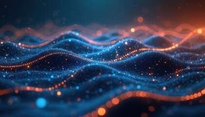 Poster - Abstract futuristic background shows glow dots waves on dark backdrop. Modern tech illustration presents connection, data transfer, cyberspace communication, geometric pattern for presentation design.
