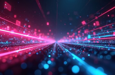 Poster - Abstract futuristic background with pink, blue glowing neon lines and bokeh lights. Data transfer concept wallpaper, AI generative design. Fantastic wallpaper of technology data stream.