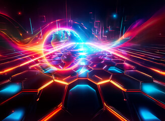 Poster - vibrant neon lines illuminate a futuristic path across a hexagonal grid surface. a circular glow ema