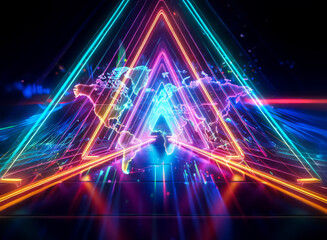 Poster - a brightly illuminated neon triangle encases a world map, set against a dark background. vibrant str