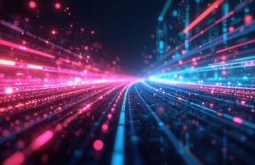 Poster - Abstract futuristic wallpaper with pink, blue glowing neon wave lines, bokeh lights. Data transfer concept, fantastic design, tech background. Dynamic energy of vibrant, colorful motion, cyber space.