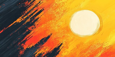 Poster - Abstract brushstrokes depict a rising sun over dark land