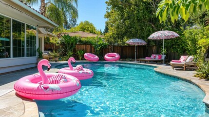 Poster - A backyard pool with flamingo-themed decor, including floats, towels, and umbrellas.