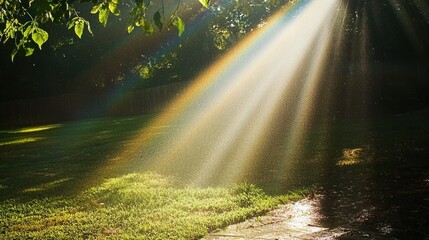 Aufkleber - A backyard vegetable garden being watered with a garden hose, with sunlight creating a rainbow in the spray. 
