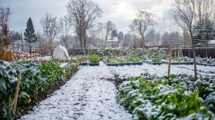 Aufkleber - A backyard vegetable garden in winter, with frost-covered plants and a cold, overcast sky. 