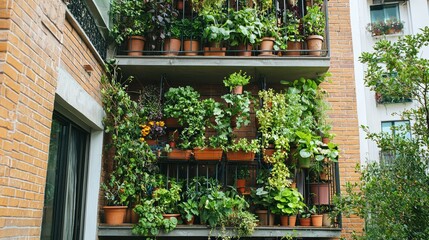 Aufkleber - A balcony vertical garden with neatly arranged pots and climbing vegetables on trellises.