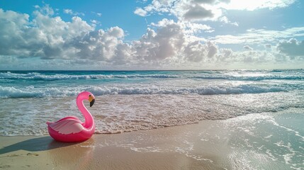 Poster - A beach scene featuring an inflatable flamingo in the sand, with waves in the background. 