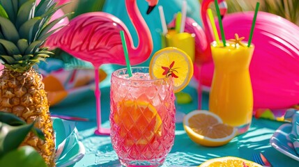Poster - A beachside flamingo party with flamingo cocktails, decor, and colorful beach accessories. 