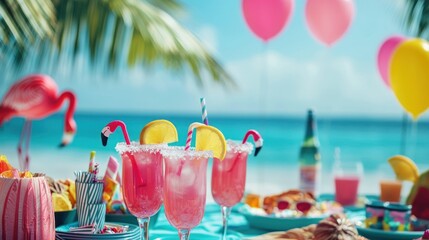 Poster - A beachside flamingo party with flamingo cocktails, decor, and colorful beach accessories. 