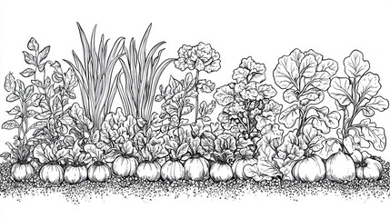 Poster - A black-and-white line art illustration of a vegetable garden, perfect for a coloring book or print design 