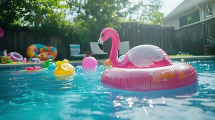 Poster - A child-friendly flamingo floaty surrounded by pool toys and colorful floaties in a backyard pool. 