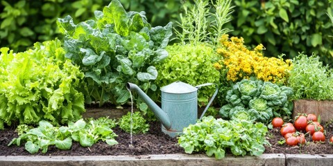 Poster - A child helping water a home vegetable garden with a small, colorful watering can. 