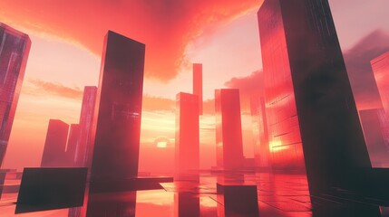 Poster - Futuristic cityscape bathed in a warm red hazy sunset glow