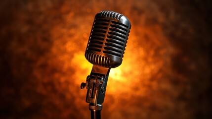 Poster - A classic studio microphone on a stand, illuminated by warm studio lighting.