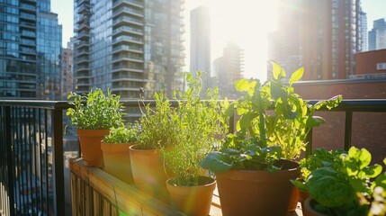 Poster - A city view balcony featuring pots of leafy greens and herbs thriving in the sunlight. 