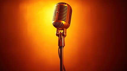 Poster - A classic studio microphone on a stand, illuminated by warm studio lighting. 