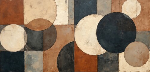Poster - Abstract illustration of overlapping circles, squares. Contemporary geometric shapes, neutral earth tones, textures create harmonious composition. Perfect for creative projects, backgrounds modern
