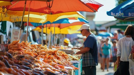 Poster - A coastal seafood festival scene with vendors selling fresh seafood under bright umbrellas. 