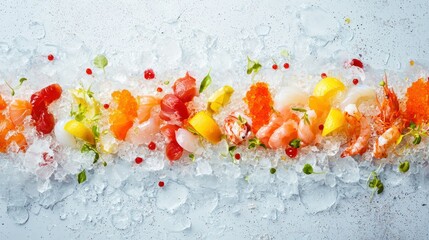 Poster - A colorful assortment of seafood laid out on ice as a seamless background for food photography.