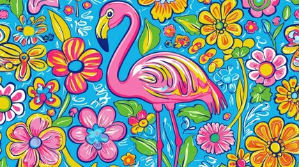 Poster - A colorful flamingo and flower pattern with a hand-drawn, playful style for summer themes