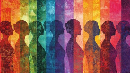 Poster - A colorful International Women's Day background with overlapping silhouettes of empowered women. 